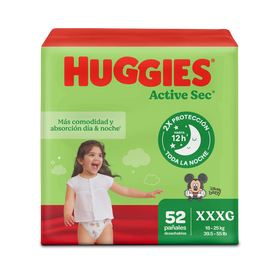 Pañales Huggies Active Sec Talla XXXG - 52uds