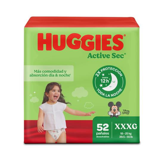 Pañales Huggies Active Sec Talla XXXG - 52uds