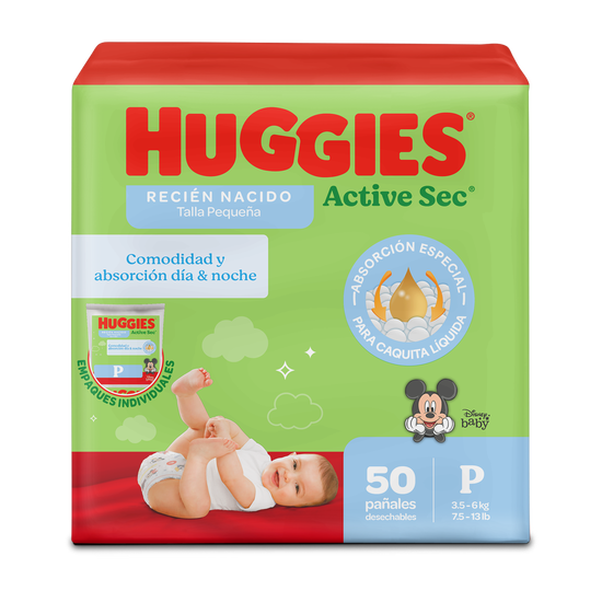 Pañales Huggies Active Sec Recien Nacido Talla P - 50uds Q71.00